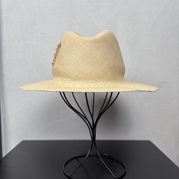 Van Palma Diana Panama Hat Small Ecru Straw Handwoven Gold-Plated Brooch Classic - Picture 6 of 9
